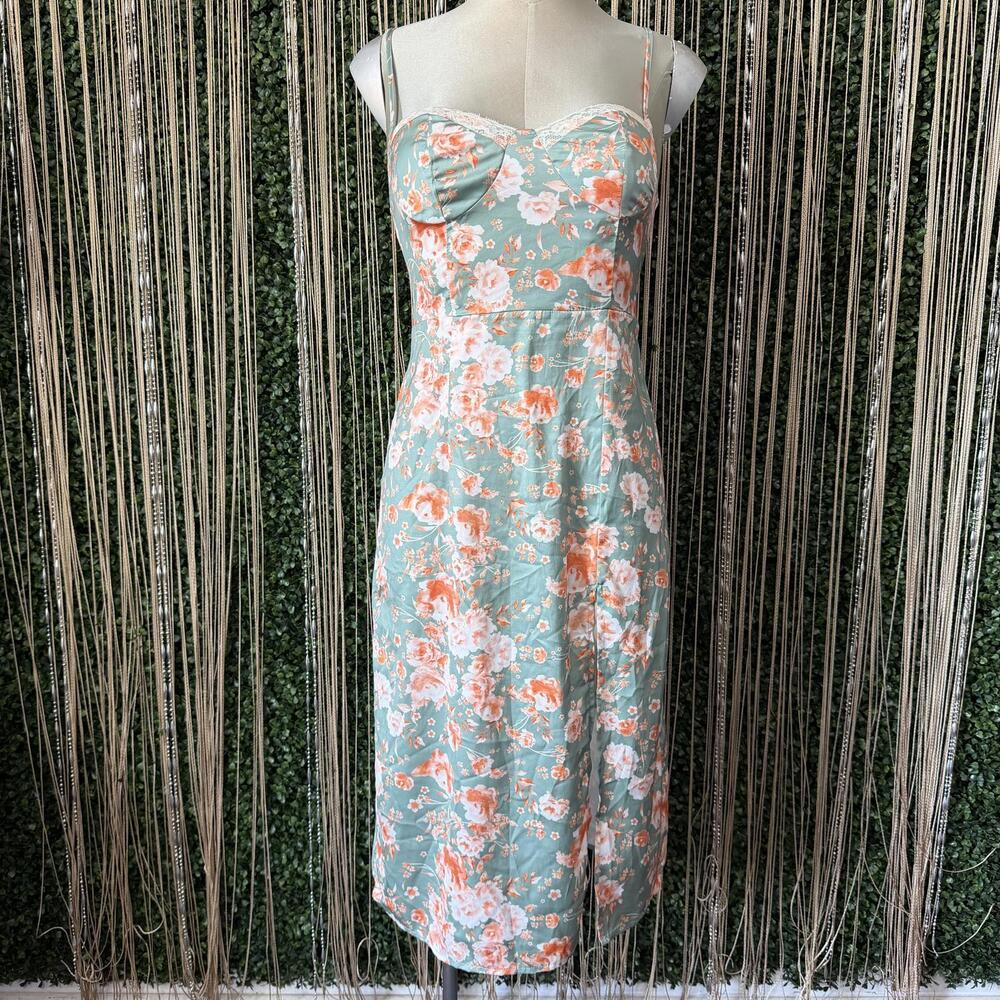 Floral Spaghetti Strap Midi Dress with Lace Trim